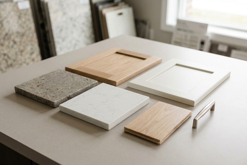 Granite and quartz samples compared with cabinet, flooring, and hardware finishes.