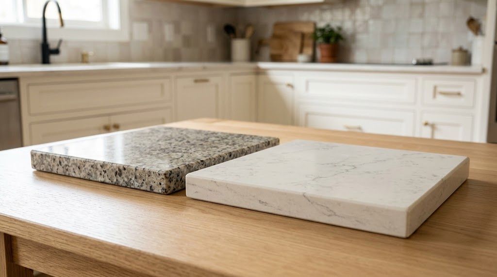 Granite and quartz countertop samples displayed in a bright kitchen.