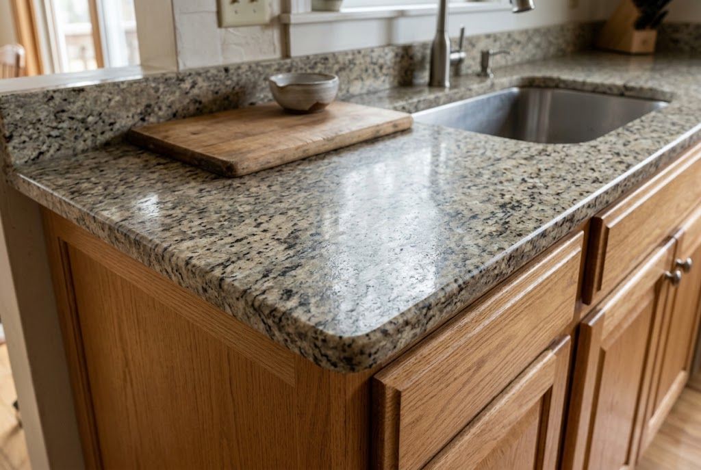 Natural granite countertop with mineral patterns, oak cabinets, and an undermount sink.