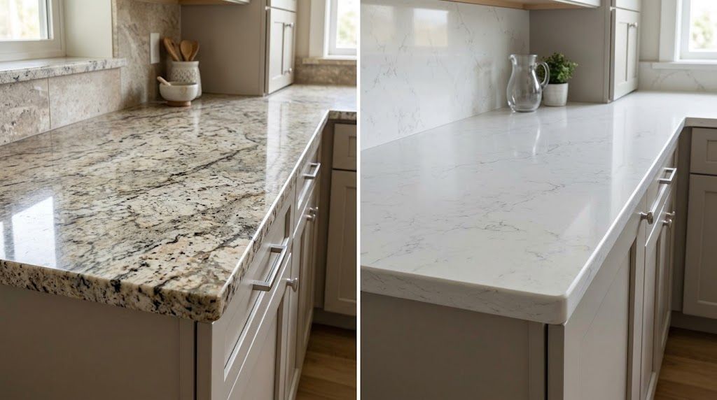 Side-by-side comparison of a speckled granite countertop and a white quartz countertop.