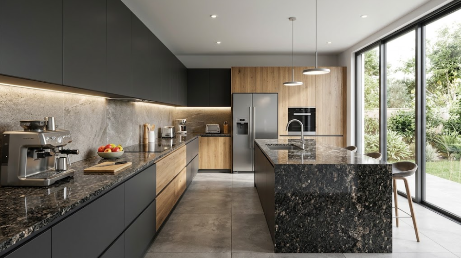 Sleek modern kitchen featuring black granite countertops, wood accents, and large glass doors.