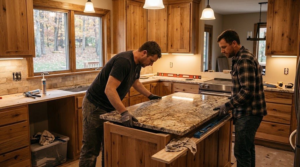 Two contractors installing a heavy granite slab onto a wooden kitchen island.
