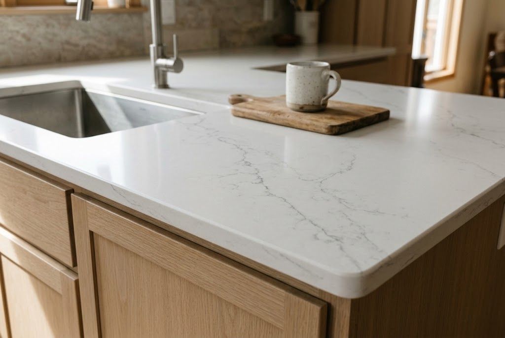 White quartz kitchen countertop with subtle gray veining and light oak cabinetry.