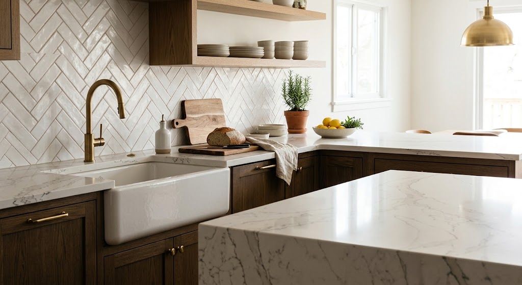Bright kitchen featuring elegant quartz countertops and stylish backsplash design.
