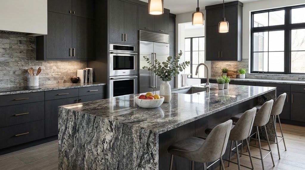 Modern kitchen with dark cabinets and a large waterfall-edge granite island.