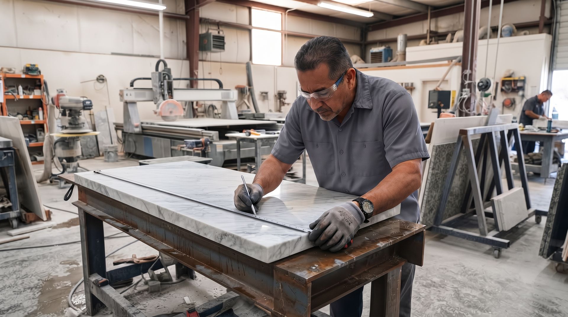 Custom stone countertop fabrication process in workshop