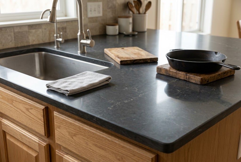 Quartz kitchen countertop with a microfiber cloth, cutting board, and cookware resting on a trivet.