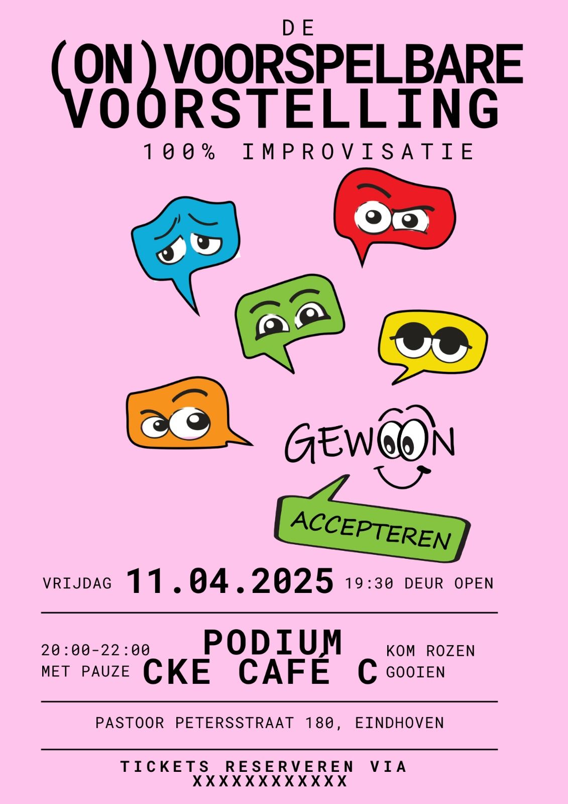 Poster voor een improvisatieshow met kleurrijke tekstballonnen. Details: vrijdag 11 april 2025, Podium CKE, Eindhoven.
