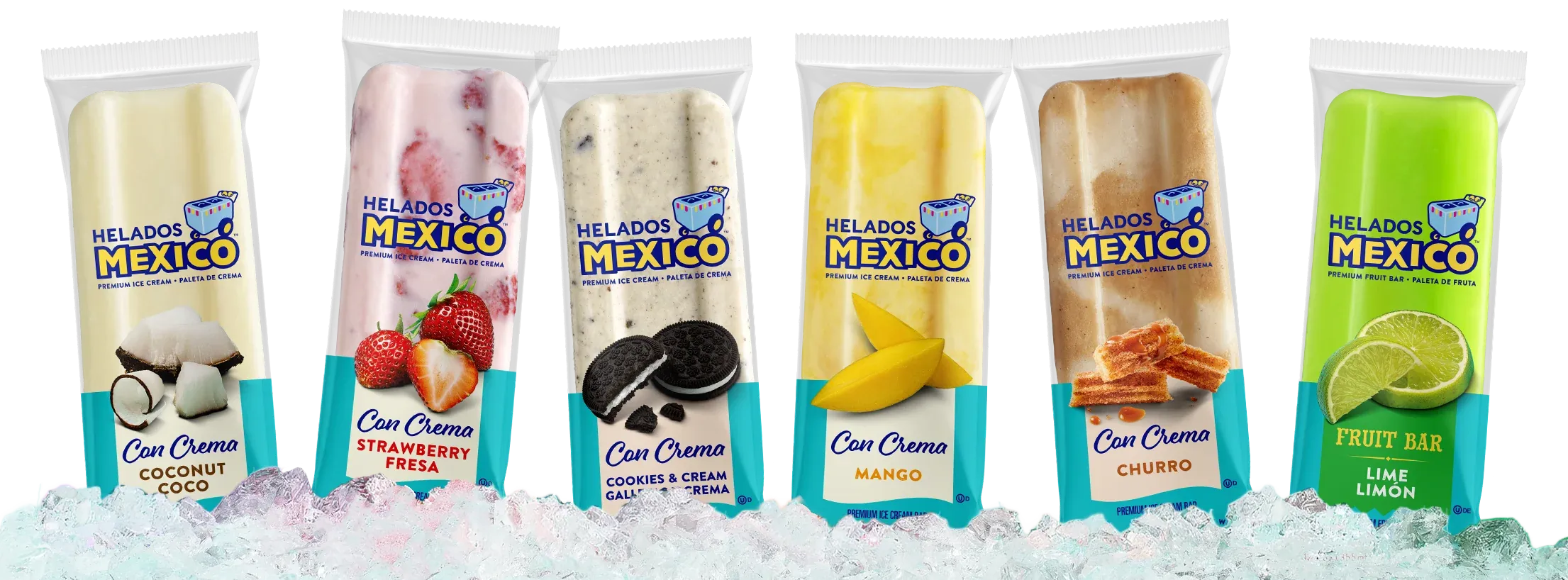 Helados México ice cream bars: coconut, strawberry, cookies and cream, mango, churro and lime