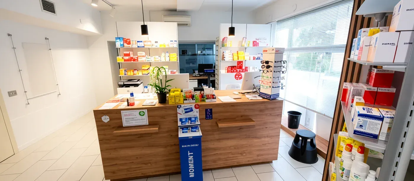 Arredamento Farmacia Mariazzi di Cavaglio d'Agogna banco e mobile retrobanco