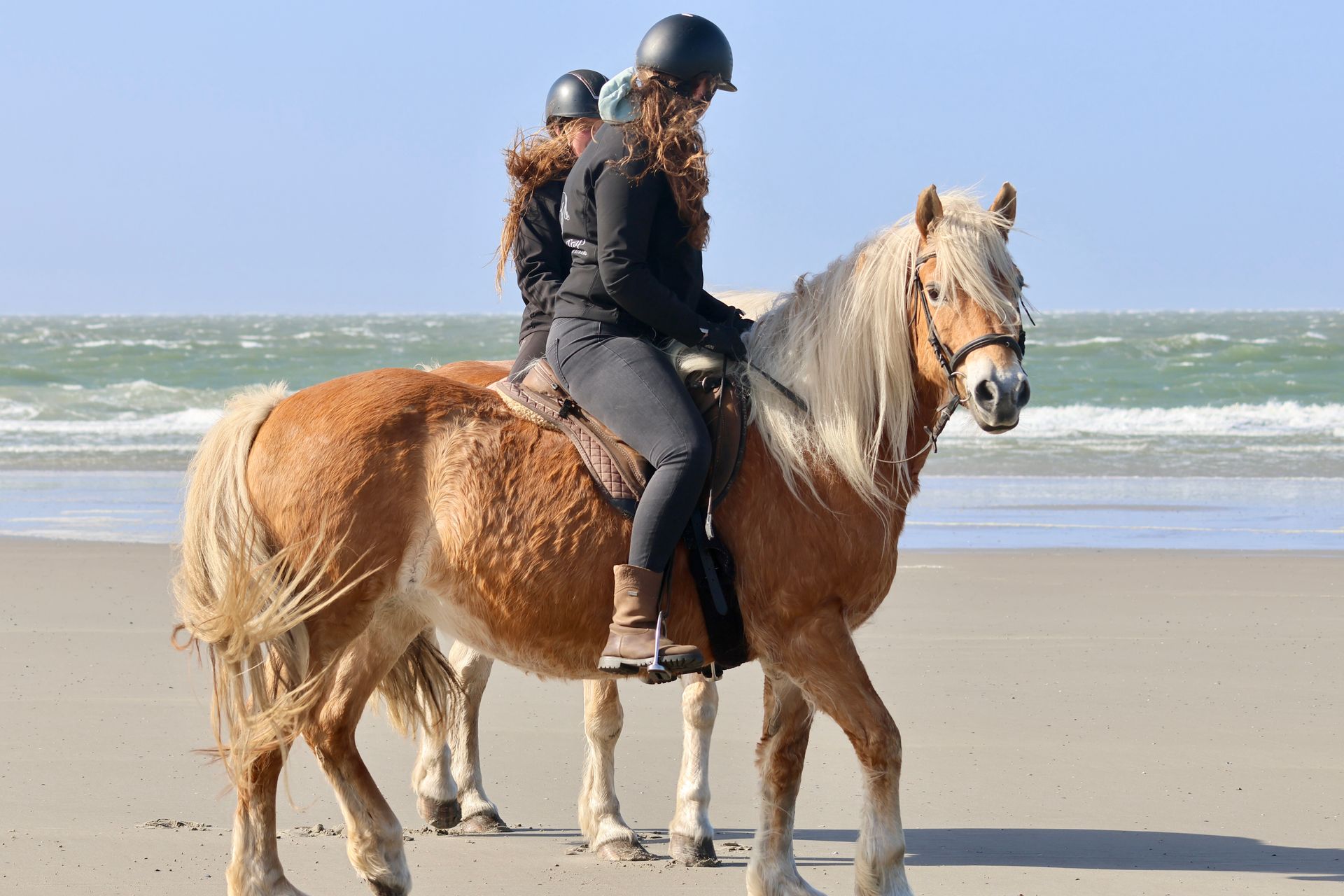 Two people are riding horses on the beach.