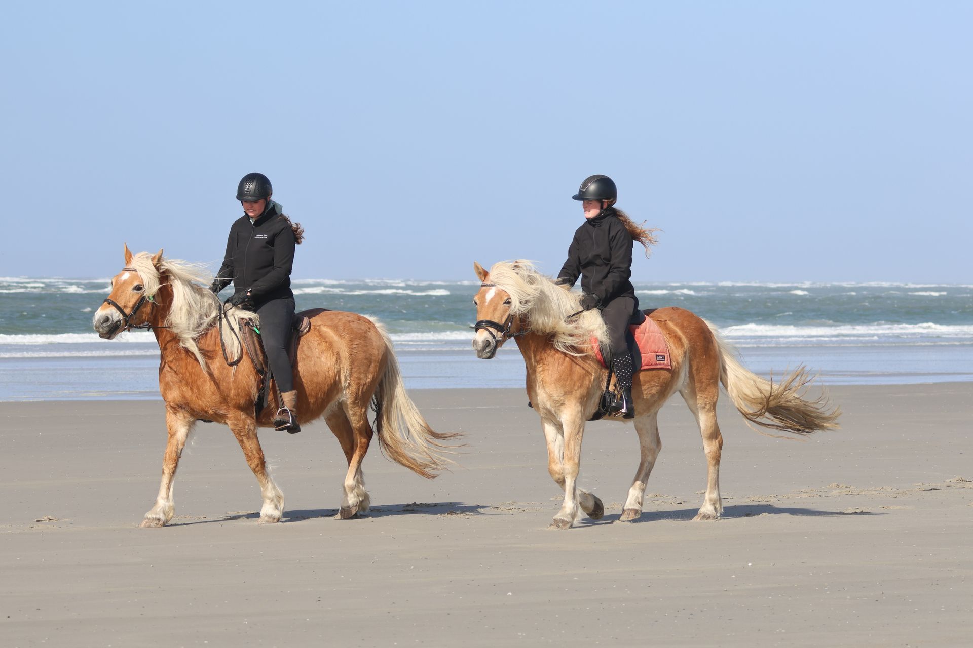 Two people are riding horses on the beach.