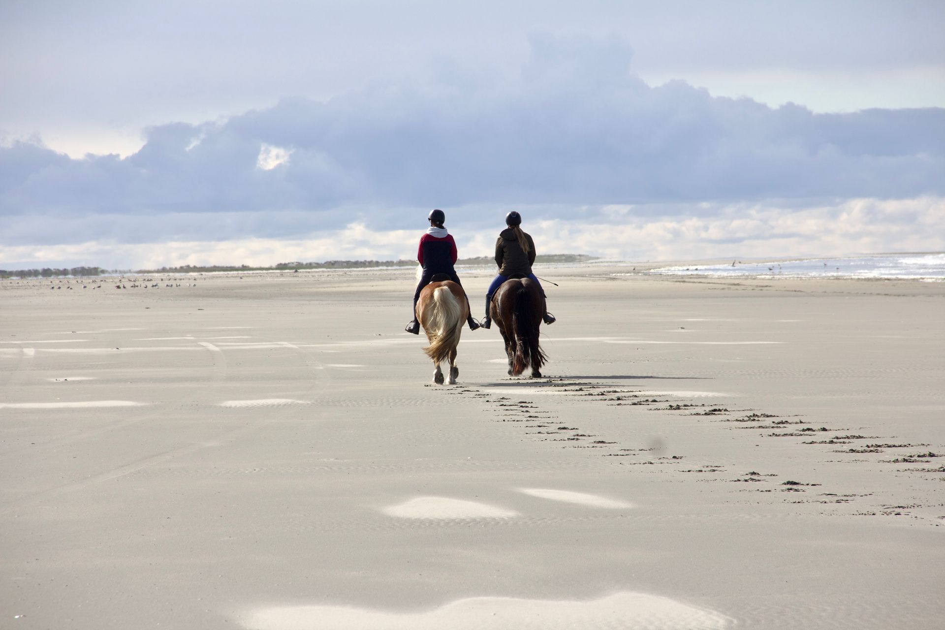 Twee mensen te paard op een zandstrand onder een bewolkte hemel.