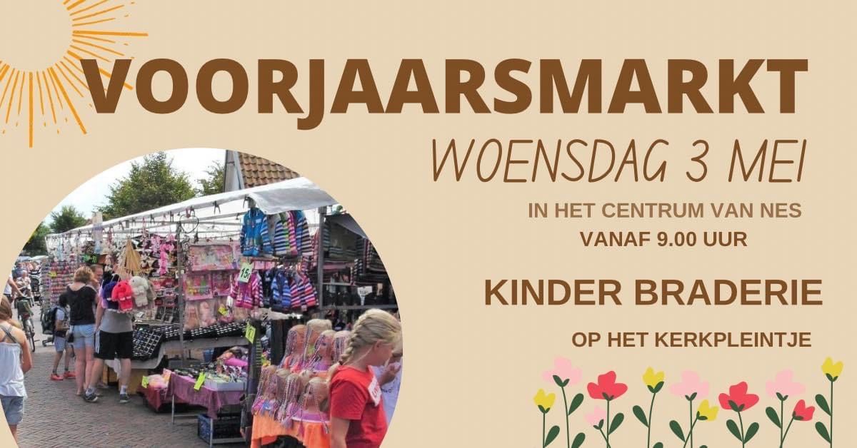 Voorjaarsmarkt woensdag 3 mei in het centrum van Nes. Vanaf 9.00 uur. Kinderbraderie op het Kerkpleintje.