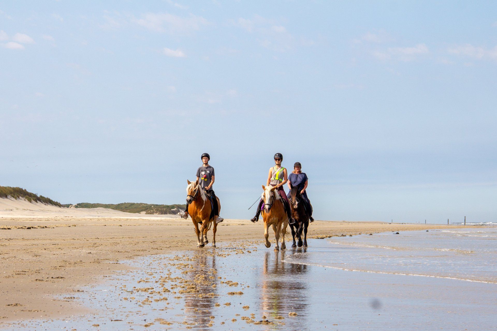 Beginners met ervaren begeleider draven te paard over het strand van Ameland.