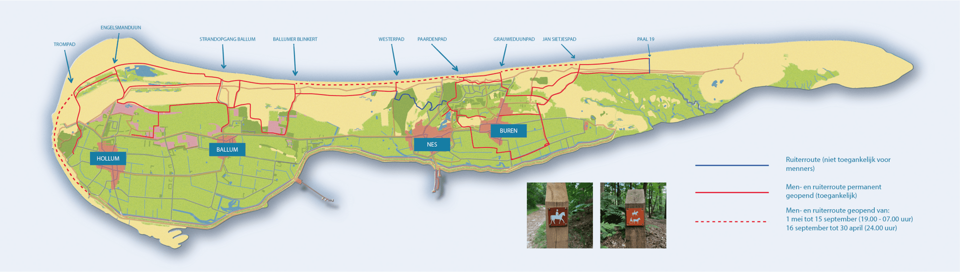 Kaart met ruiterroutes op Ameland voor ruiters en menners.