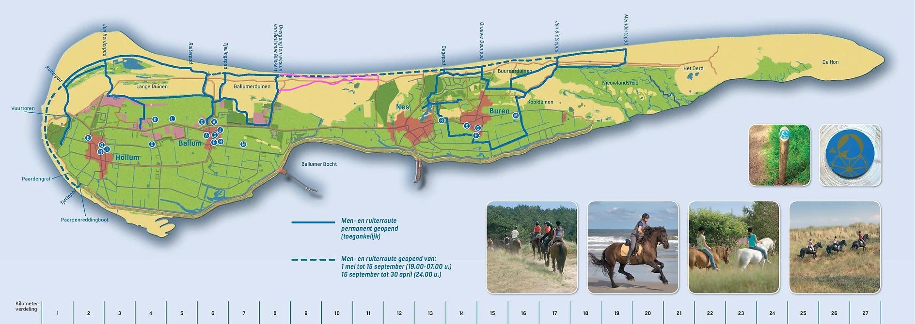 Kaart: Ruiterroutes op Ameland (aangepaste versie) Kaart: Ruiterroutes verstrekt door AMRV (aangepast door paardrijdenophetstrand.nl)
