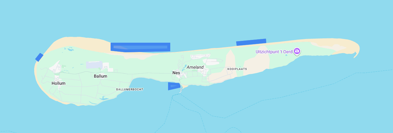 Kaart zones kitesurfen, kitebuggyen, strandzeilen en blowkarten Ameland.