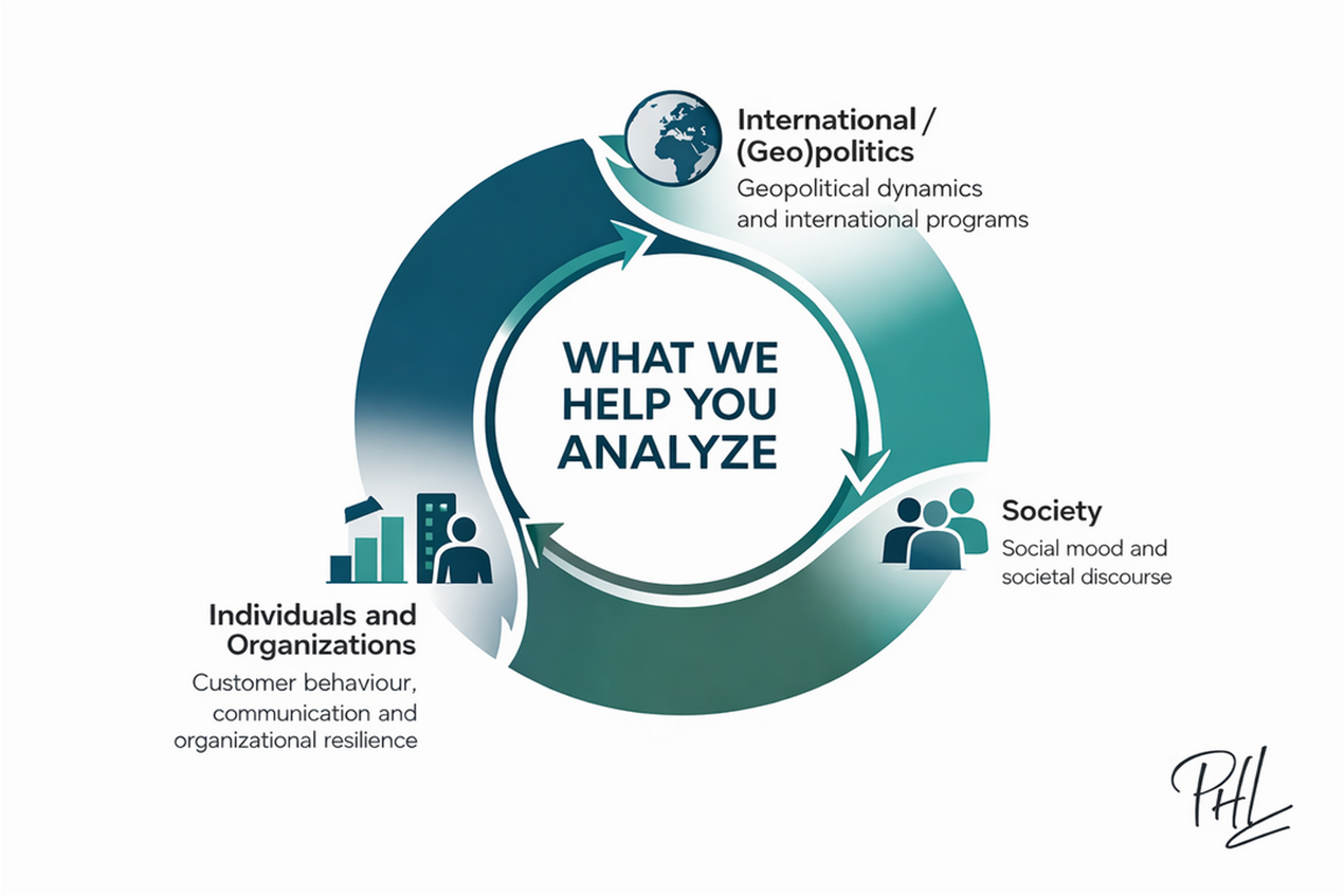 Circular infographic with teal arrows labeled business, society, and international geopolitics around “What we help you analyze”