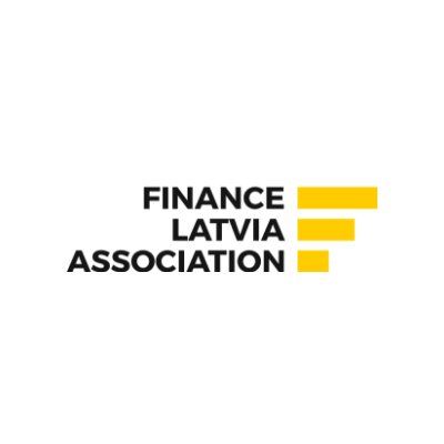 Finance Latvia Association logo in black text with yellow geometric bars on white background