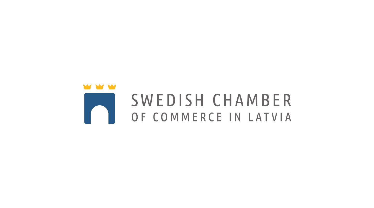 Swedish Chamber of Commerce in Latvia logo with blue crown emblem and gray text