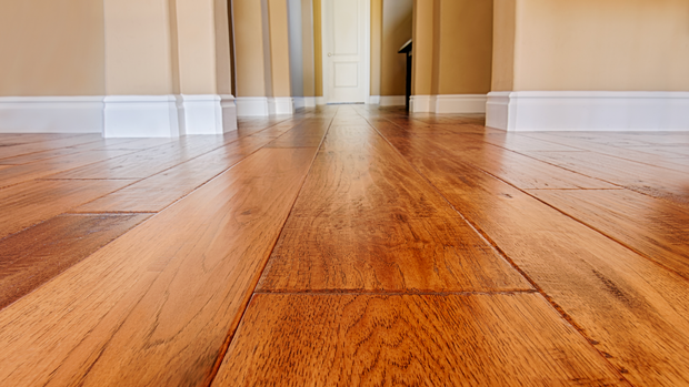A close up of a wooden floor in an empty room.