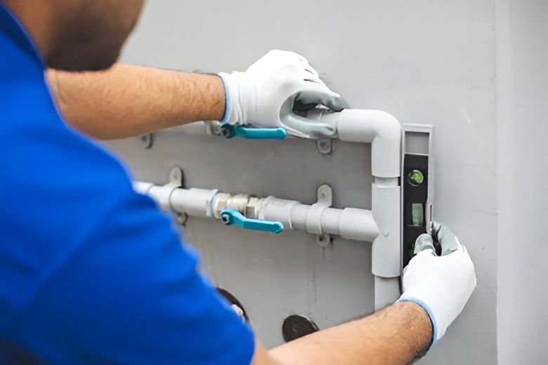 A Person in Gray Gloves Uses a Level to Check Plumb Pipes — David Lewis Solahart in Kyogle, NSW