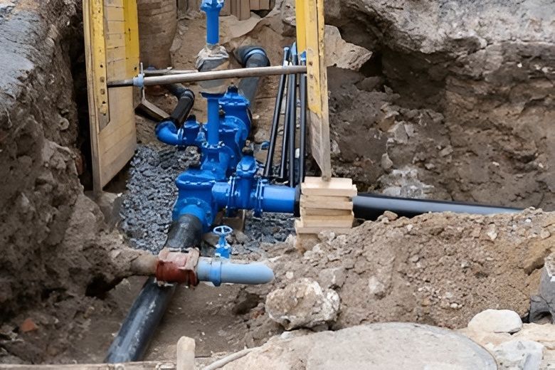 Blue Water Pipes and Valves in an Excavated Trench, Likely for Repair — David Lewis Solahart in Mullumbimby, NSW