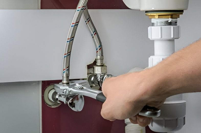 A Person Using a Wrench to Tighten a Pipe Under a Bathroom Sink — David Lewis Solahart in Ocean Shores, NSW