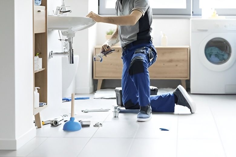 A Plumber is Fixing a Sink in a Bathroom — David Lewis Solahart in Goonellabah, NSW