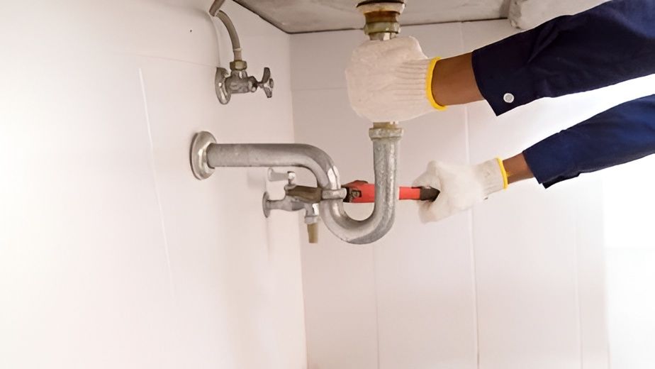 A Plumber Uses a Wrench to Tighten a U-shaped Pipe — David Lewis Solahart in Casino, NSW