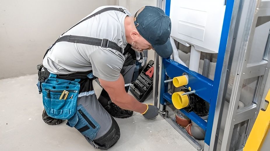 A Plumber Kneels, Installing Plumbing in a Bathroom — David Lewis Solahart in Bangalow, NSW