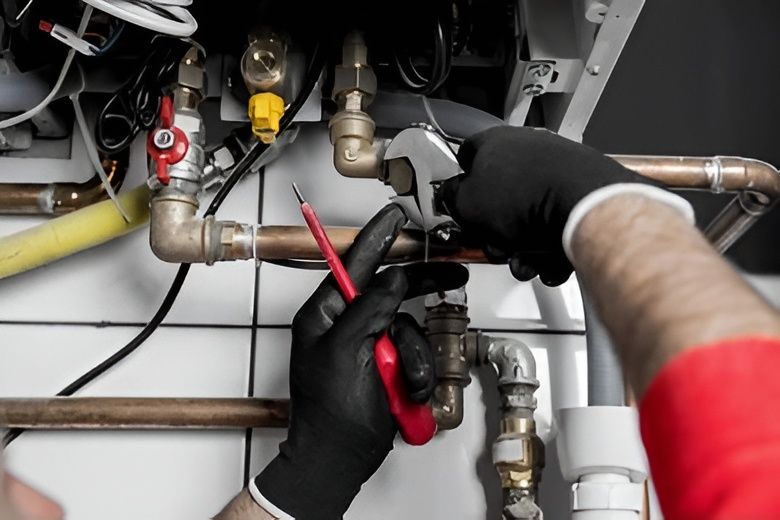 A Man Works on Plumbing Pipes With a Screwdriver and Wrench — David Lewis Solahart in Tenterfield, NSW