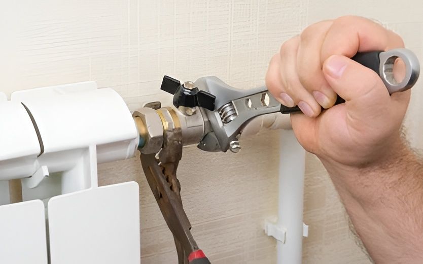 A Person's Hand Using a Wrench and Pliers to Work on Radiator — David Lewis Solahart in Casino, NSW