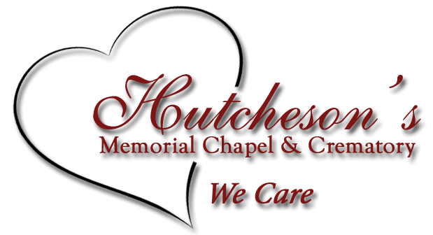 Logo for Hutcheson's Memorial Chapel & Crematory: heart outline, maroon script text, "We Care" below.