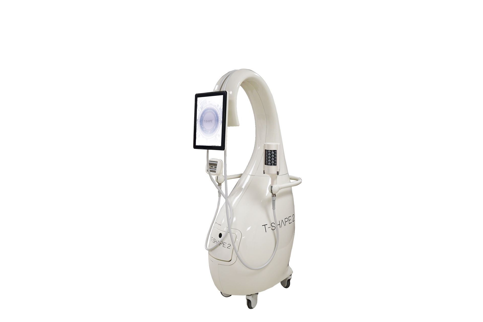 White medical device with a curved top, tablet, and wheels.