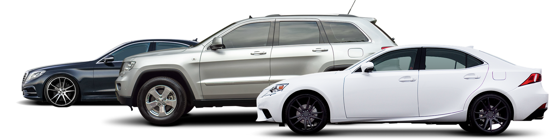 Three cars parked in profile: a black sedan, silver SUV, and white coupe on a white background