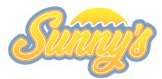 Sunny’s logo in orange script with blue outline and a yellow sun behind it