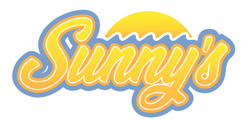 Sunny’s logo in orange script with blue outline and a yellow sun behind it