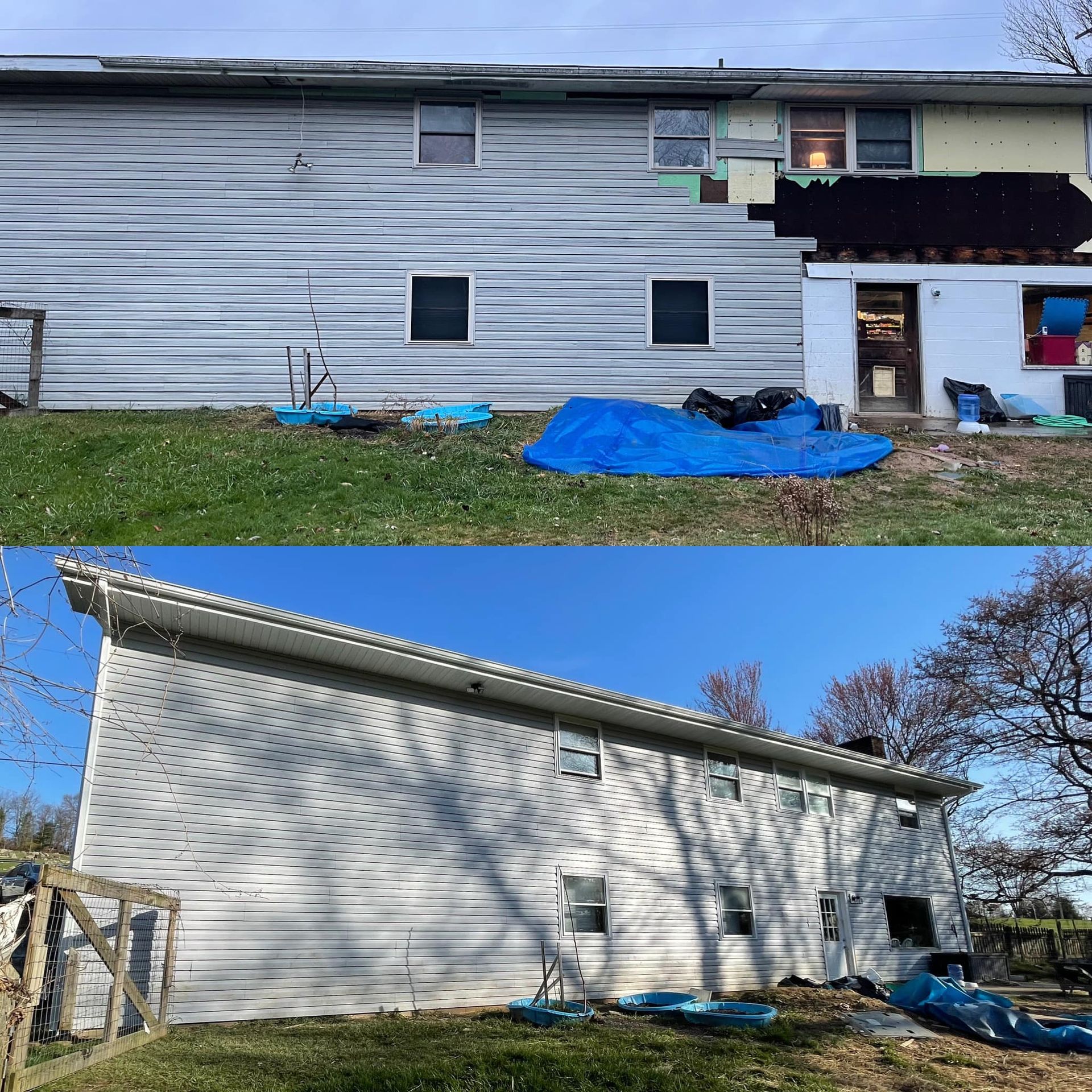 A before and after picture of a house being painted white.