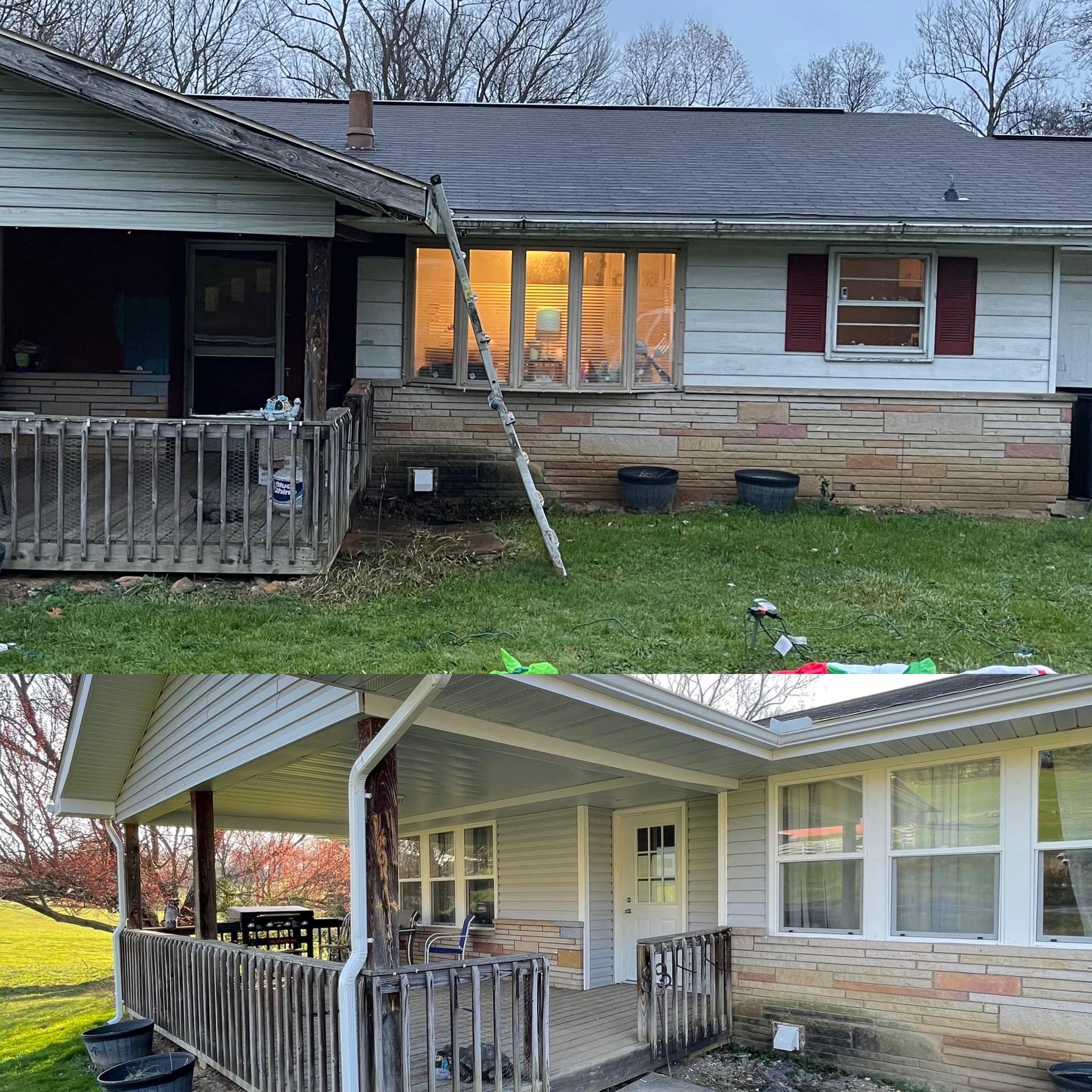 A before and after picture of a house with a porch.