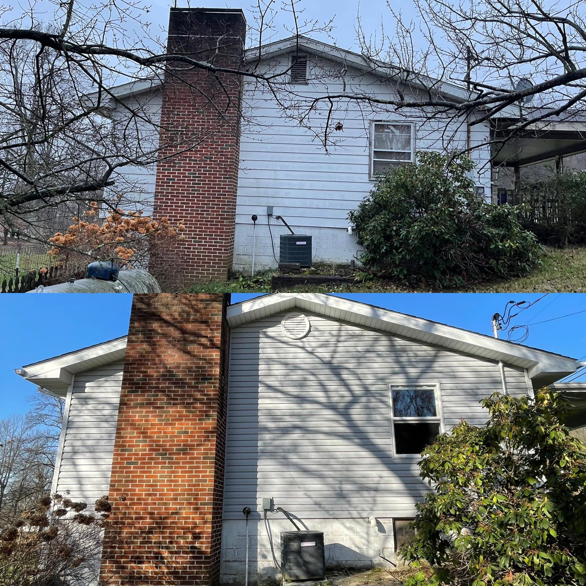 A before and after picture of a house with a brick chimney.