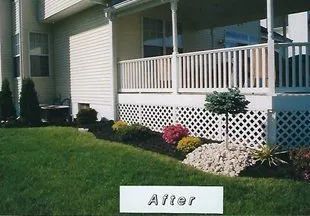 A picture of a house with a porch and a sign that says after.