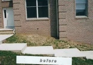 A before and after picture of a brick house with a sign in front of it.