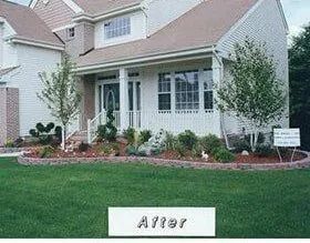 A picture of a house before and after landscaping.