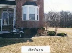 A before and after photo of a brick house with a bay window.