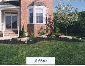 A before and after picture of a house with a lush green lawn.