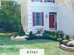 A before and after picture of a house with a lush green lawn.