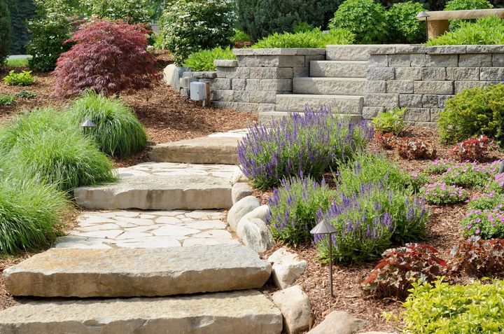 A stone walkway surrounded by flowers and plants in a garden.