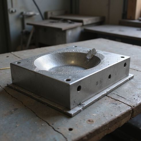 Stampo metallico su un banco da lavoro in un'officina.